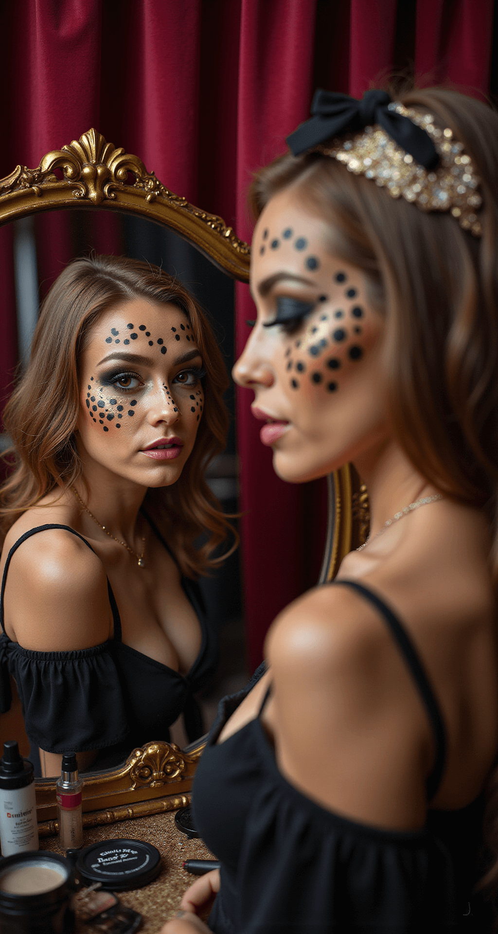 Close-up of a model's face showcasing professional leopard costume makeup with spotted pattern, dramatic cat eyes, and glitter highlights in a vintage-inspired boudoir setting featuring velvet curtains and ornate mirrors. High-end makeup products and costume accessories are visible on a vanity table.