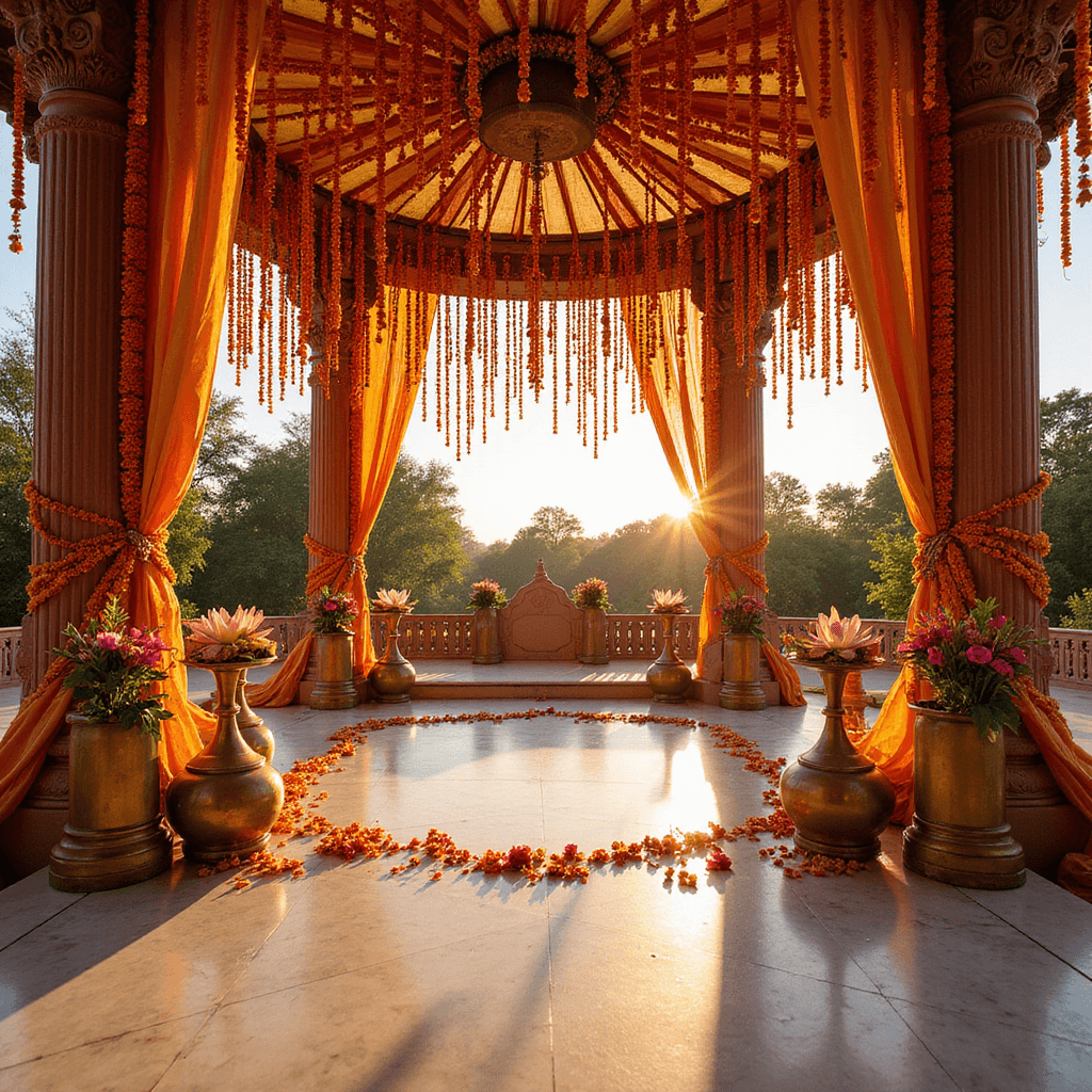 A stunning grand Indian wedding mandap at golden hour, featuring cascading marigold garlands, jasmine strings, and floating lotus flowers in brass vessels, set against a backdrop of luxurious red and gold fabrics, with intricate shadows on the marble floor.