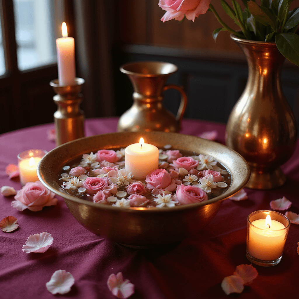 Intimate table setting with a brass urli filled with floating pink roses and white jasmine, illuminated by warm candlelight, set on a rich burgundy silk tablecloth, featuring traditional copper vessels and scattered rose petals.