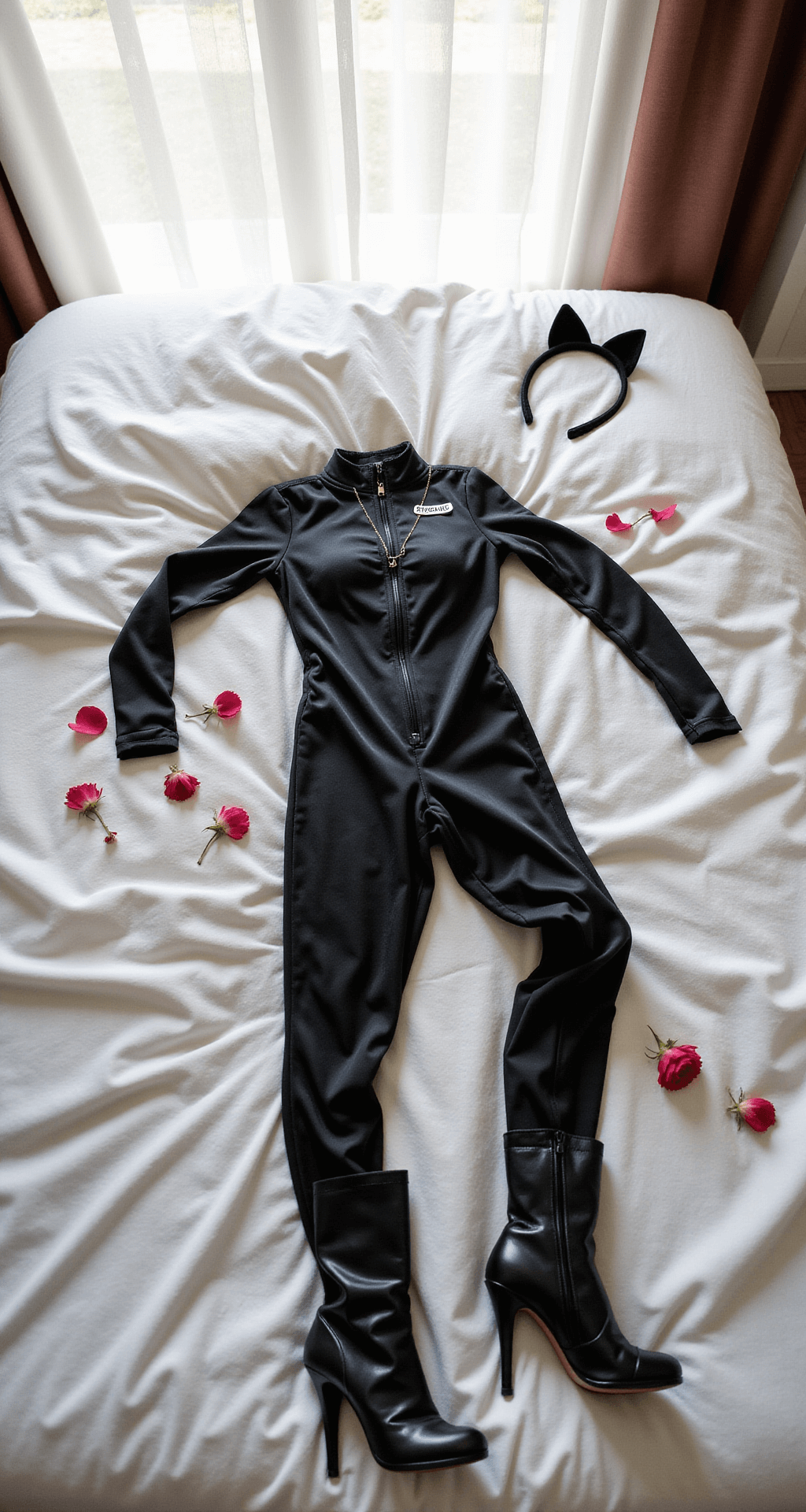Bright bedroom with natural light featuring a black cat costume on a white duvet, styled with glossy boots, cat ears, a silver nameplate necklace, and scattered rose petals, captured from above.