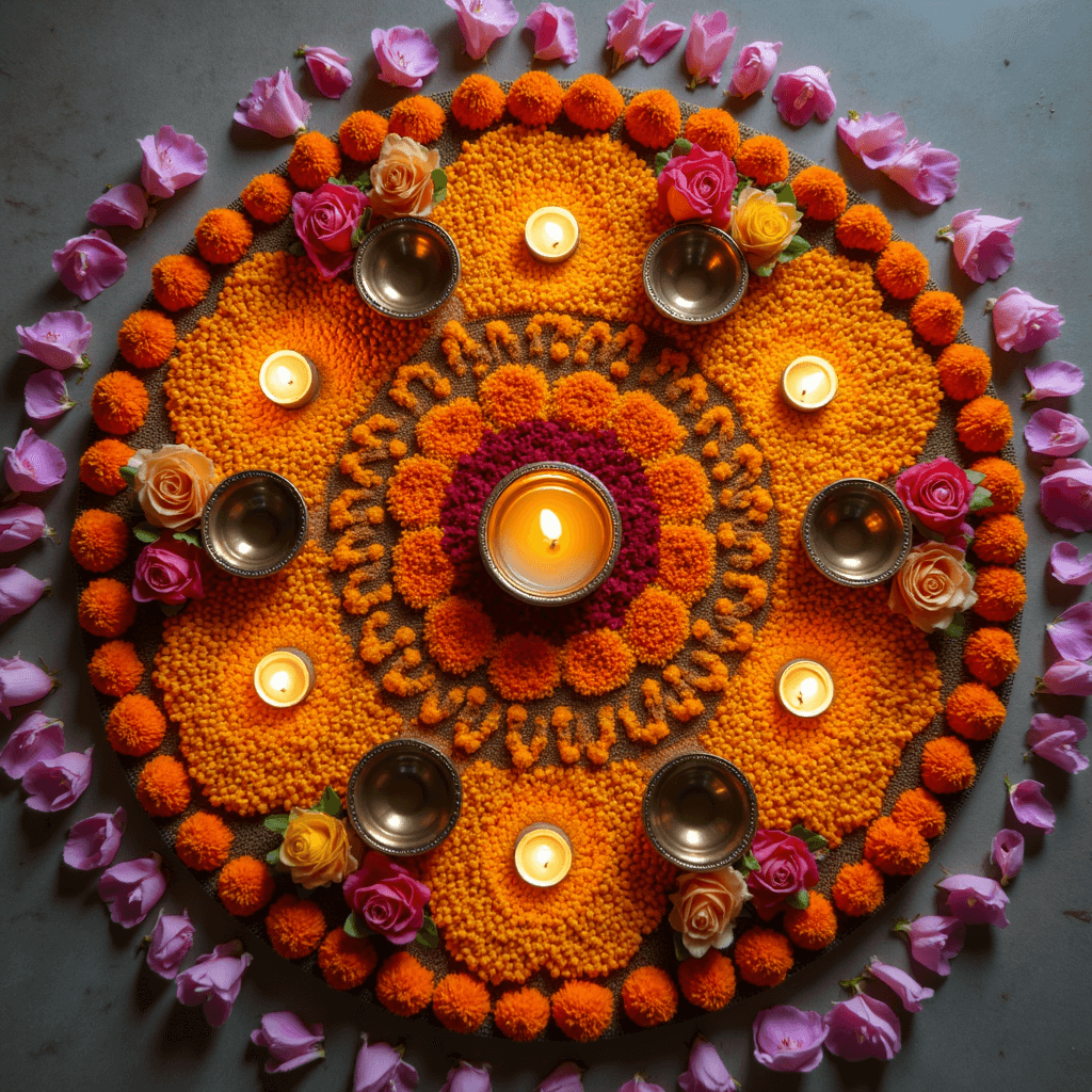 Overhead flat lay of a traditional Indian wedding altar featuring a geometric rangoli made of marigold petals, brass diyas with floating candles, scattered rose petals, and orchid blooms, all illuminated by soft morning light.