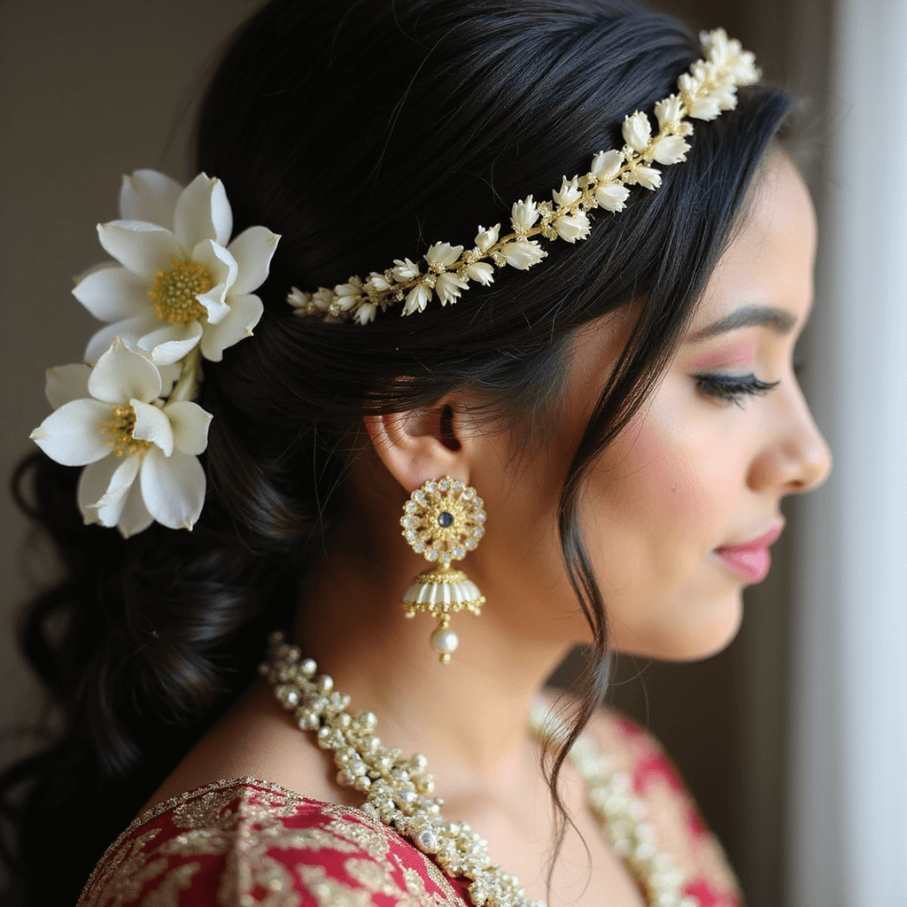 Close-up of a bride's floral jewelry featuring jasmine buds woven into a traditional gajra, captured with shallow depth of field, showcasing intricate patterns against her dark hair, with natural daylight highlighting the white petals and subtle golden accents from her jewelry.