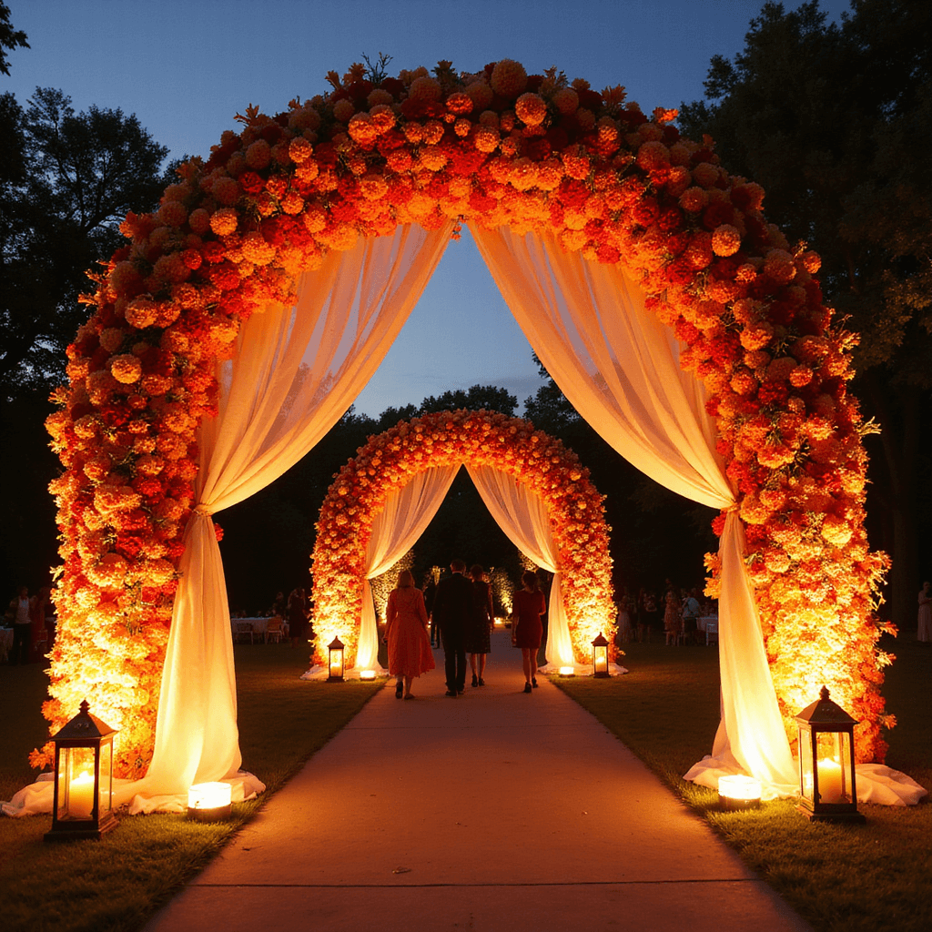 Wide-angle view of a flower-covered entrance arch at dusk, featuring an ombré of marigold and rose blooms from deep red to sunny orange, illuminated by warm spotlights. Sheer drapery panels sway in the breeze, and brass lanterns provide a romantic glow, with guests walking through, adding scale and movement.