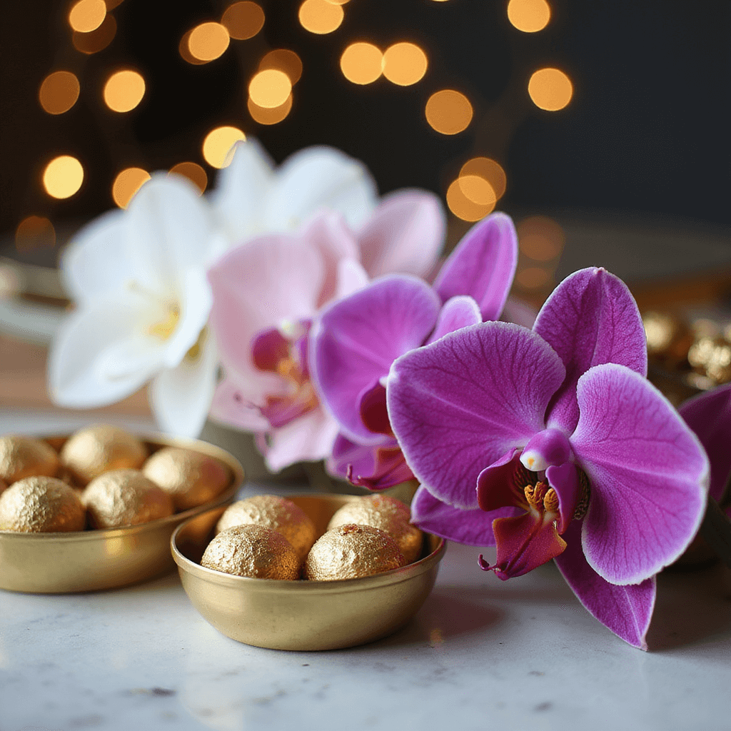 A close-up of a dessert display blending modern and traditional elements, featuring a gradient of orchids from white to deep purple alongside gold-leafed mithai boxes, with fairy lights in the background and a marble surface reflecting warm brass accents.