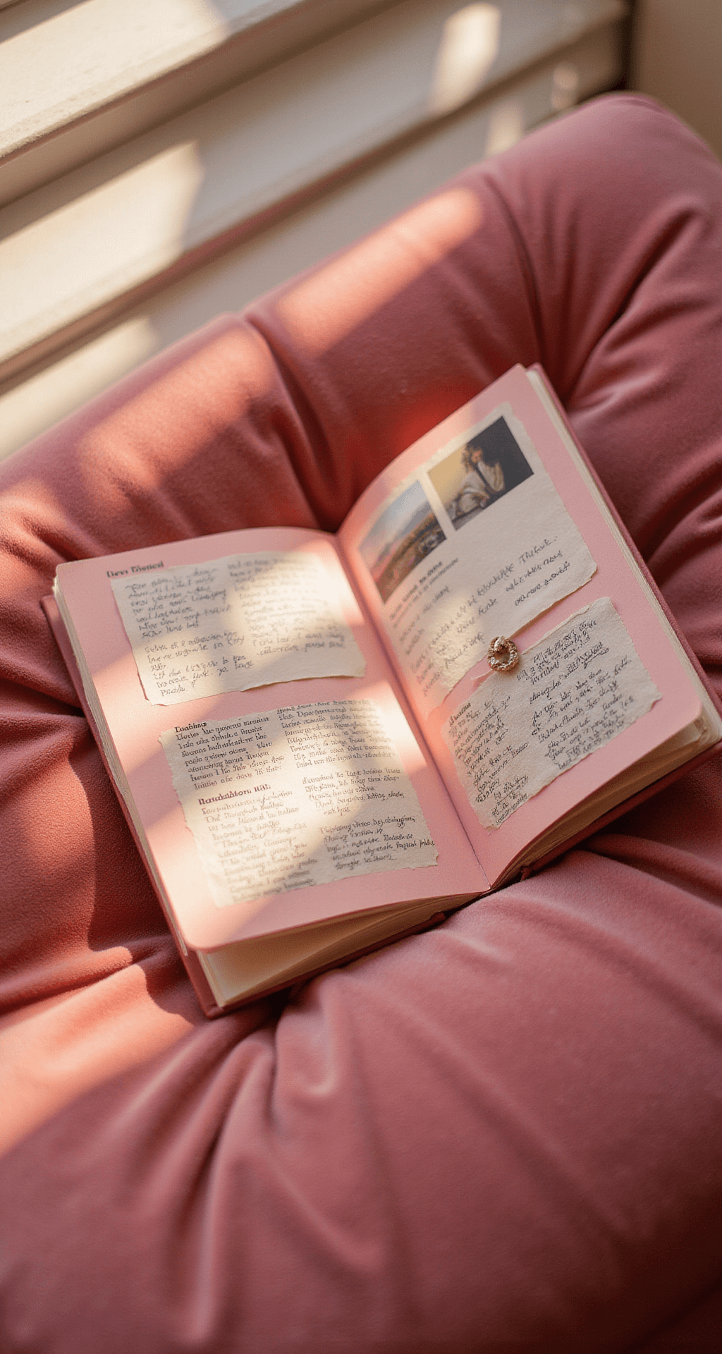 Close-up of a handcrafted Burn Book prop on a millennial pink velvet surface, illuminated by golden hour light through venetian blinds, highlighting magazine cutouts and handwritten notes with a shallow depth of field for texture.