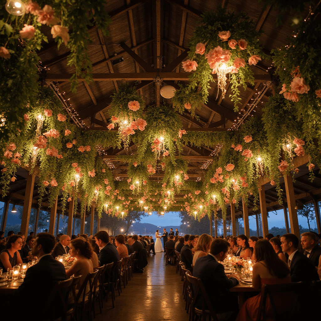 Cinematic wide shot of a post-ceremony celebration space at blue hour, adorned with hanging floral installations of lotus and orchids at different heights, warm uplighting casting dramatic shadows, and twinkling fairy lights, capturing both the grand decorations and intimate guest interactions below.