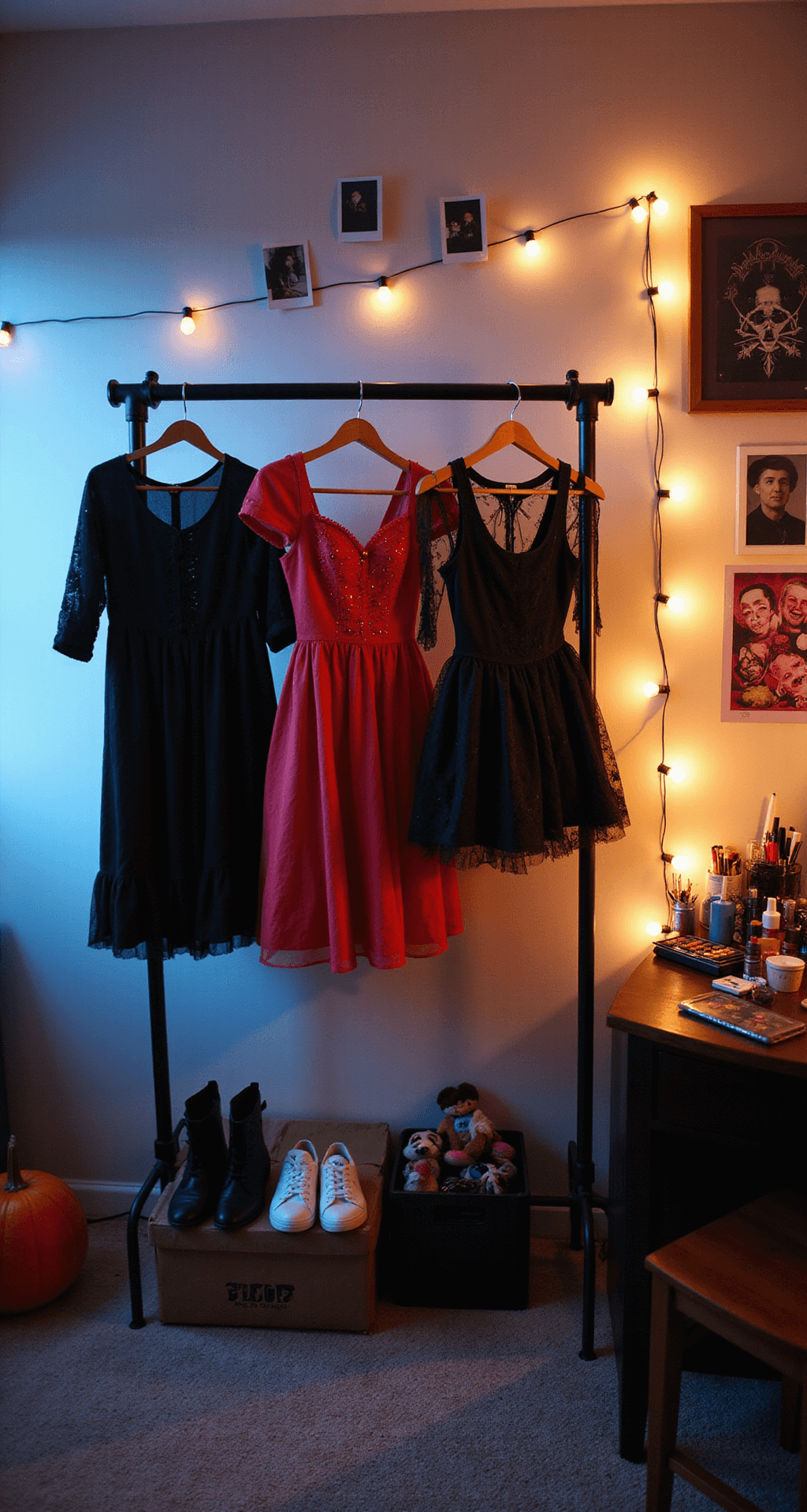 A stylish teen bedroom with a clothing rack displaying three costumes, adorned with string lights and polaroid photos in the background. A vanity is organized with Halloween accessories and makeup. The blend of cool evening light and warm artificial lighting creates an inviting atmosphere.
