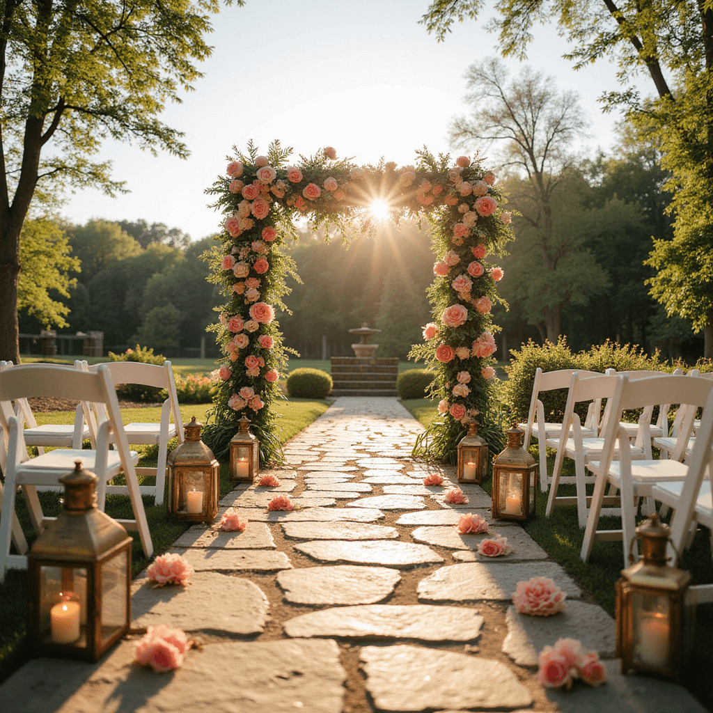 A sunlit garden ceremony setup featuring a weathered stone pathway leading to an elegant floral arch adorned with peonies and garden roses in blush and coral tones, lined with vintage brass lanterns filled with pillar candles, and white wooden chairs decorated with lily of the valley bouquets, captured in soft bokeh with a natural lens flare against a powder blue spring sky.