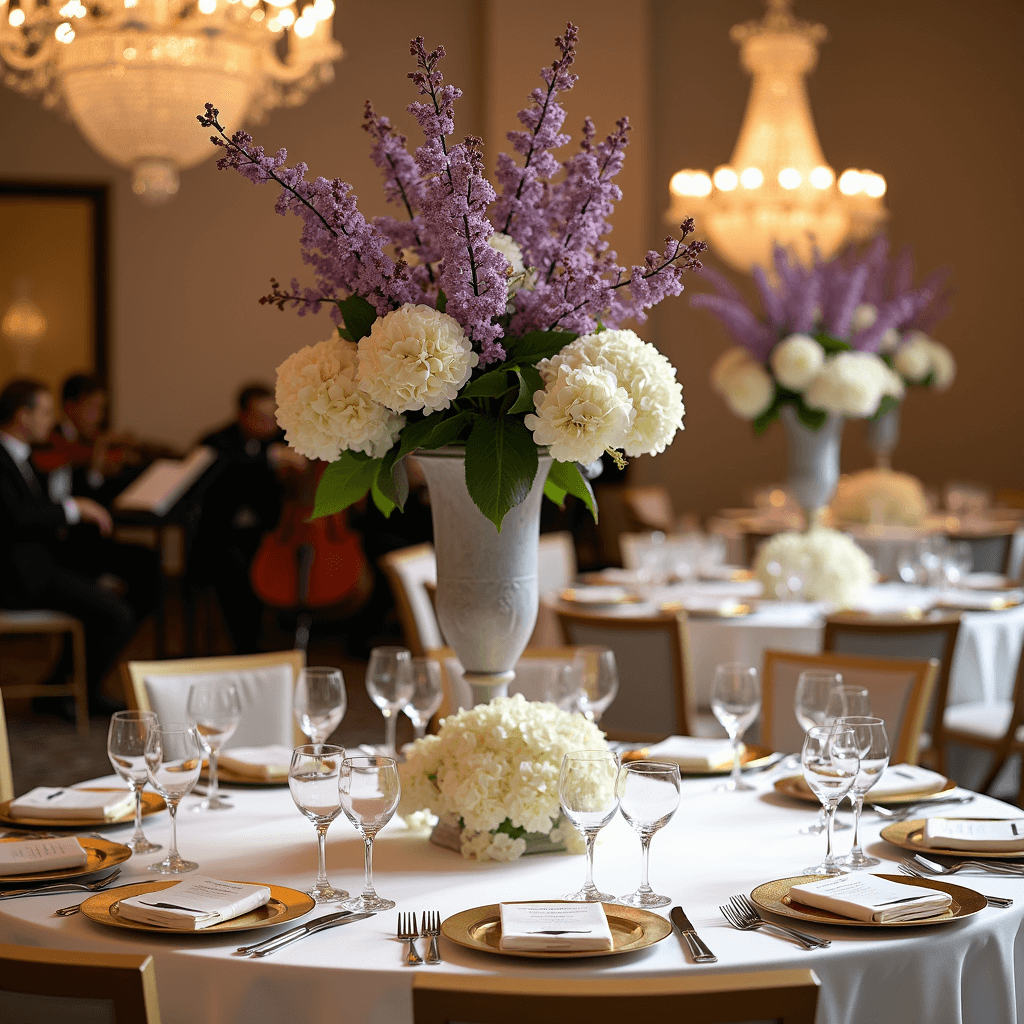 Intimate indoor ballroom reception featuring round tables with ivory silk linens, towering floral arrangements of purple lilac and white hydrangeas in mercury glass, gold-rimmed chargers, and hand-calligraphed place cards, illuminated by crystal chandeliers, with a string quartet in soft focus background.