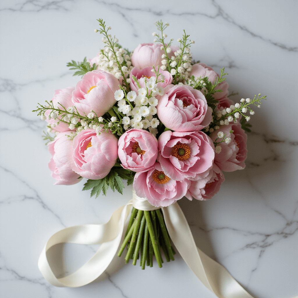 Overhead view of an elegant bridal bouquet featuring pink peonies, sweet peas, and lily of the valley on a marble surface, with silk ribbon and soft natural light highlighting floral textures.