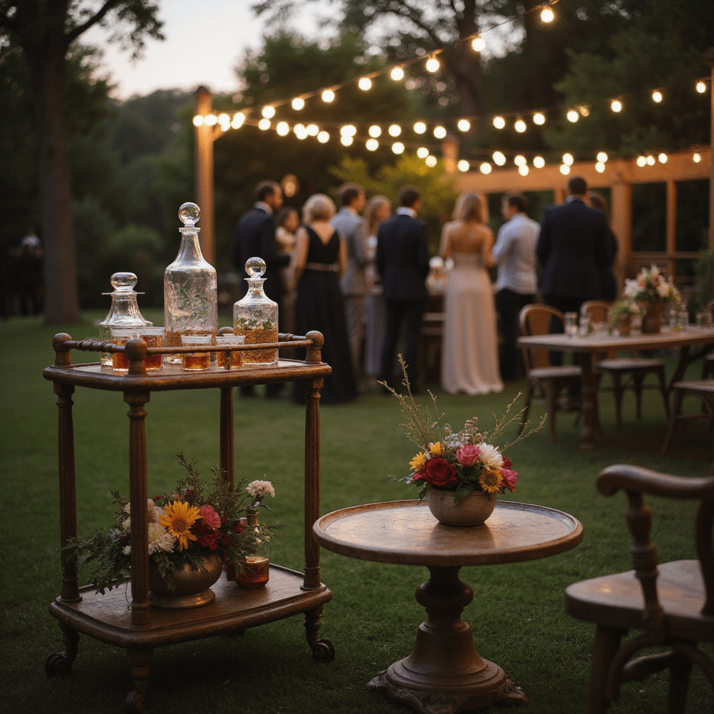 A vintage bar cart adorned with crystal decanters and fresh herbs sets the scene for a garden cocktail hour at dusk, with string lights creating a bokeh effect above. In the foreground, low tables display small floral arrangements in mixed metallic vases, while guests mingle softly in the blurred background, all under a warm, moody evening atmosphere.