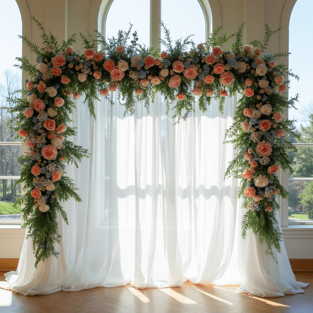 Close-up of an asymmetrical ceremony backdrop featuring climbing delphinium spires in powder blue, coral charm peonies, and cascading greenery against white sheer drapery, with natural sunlight creating an ethereal glow.