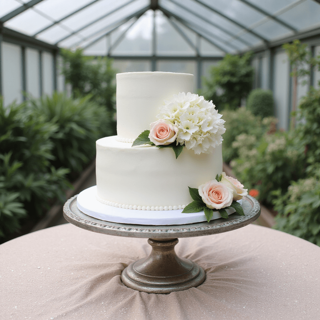 Wedding cake display featuring a three-tier white cake adorned with fresh white hydrangeas and blush garden roses, presented on an antique silver cake stand atop a round table draped in champagne sequins, all set in a conservatory with a glass roof that floods the scene with natural light.
