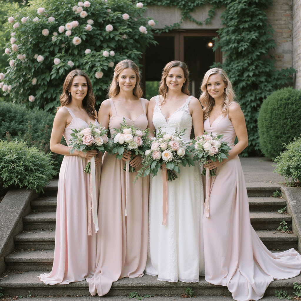 Bridal party in an English garden, featuring bridesmaids in pastel gowns with loose bouquets of seasonal flowers, including peonies and sweet peas, against a backdrop of climbing roses on stone steps, captured in soft late afternoon light.