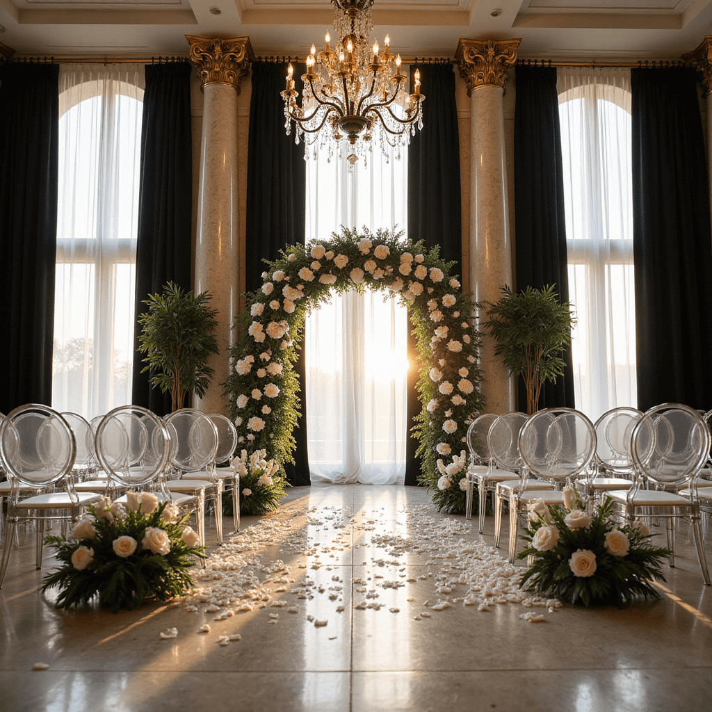 A grand ballroom ceremony setup with a towering black and white floral arch, featuring white anemones and black calla lilies against marble columns. Crystal chandeliers illuminate ghost chairs adorned with white silk ribbons, while black velvet draping frames the windows and scattered white rose petals create an aisle runner, all captured during golden hour.