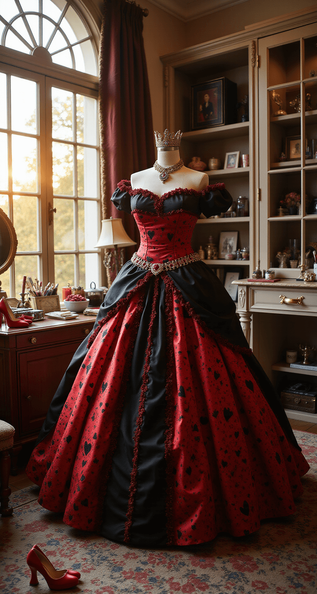 A luxurious walk-in closet illuminated by golden hour light, featuring a Queen of Hearts costume on a mannequin with a voluminous red and black ball gown, heart motifs, a crystal-encrusted crown, and ornate scepter. The scene includes red stilettos, vintage playing cards, and a professional makeup station with neatly arranged theatrical face paints and brushes, captured from a low angle to highlight the gown's grandeur.