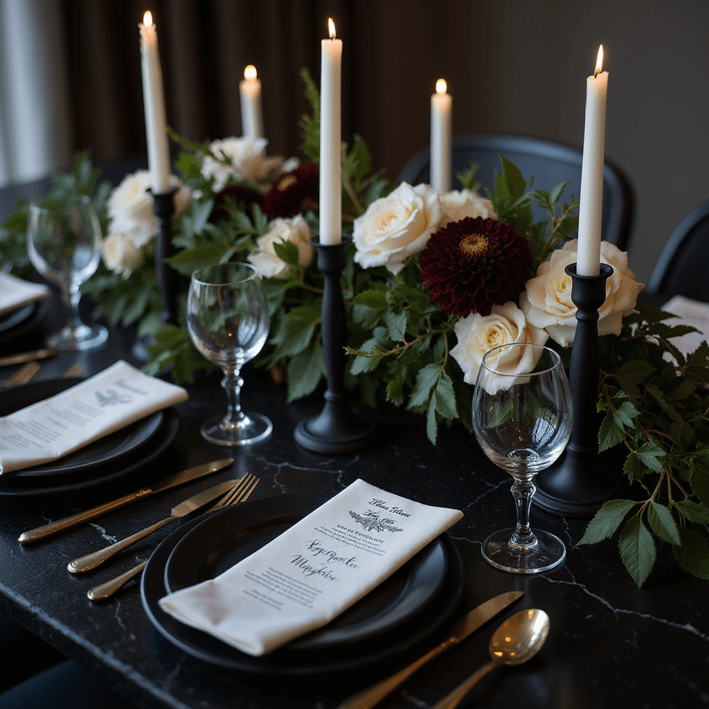 Intimate sweetheart table vignette featuring dark dahlias, white garden roses, and smilax vine on a black marble table, with white taper candles in matte black holders casting shadows, elegant place settings with black chargers and hand-calligraphed place cards, and crystal glassware reflecting warm candlelight, photographed at blue hour.