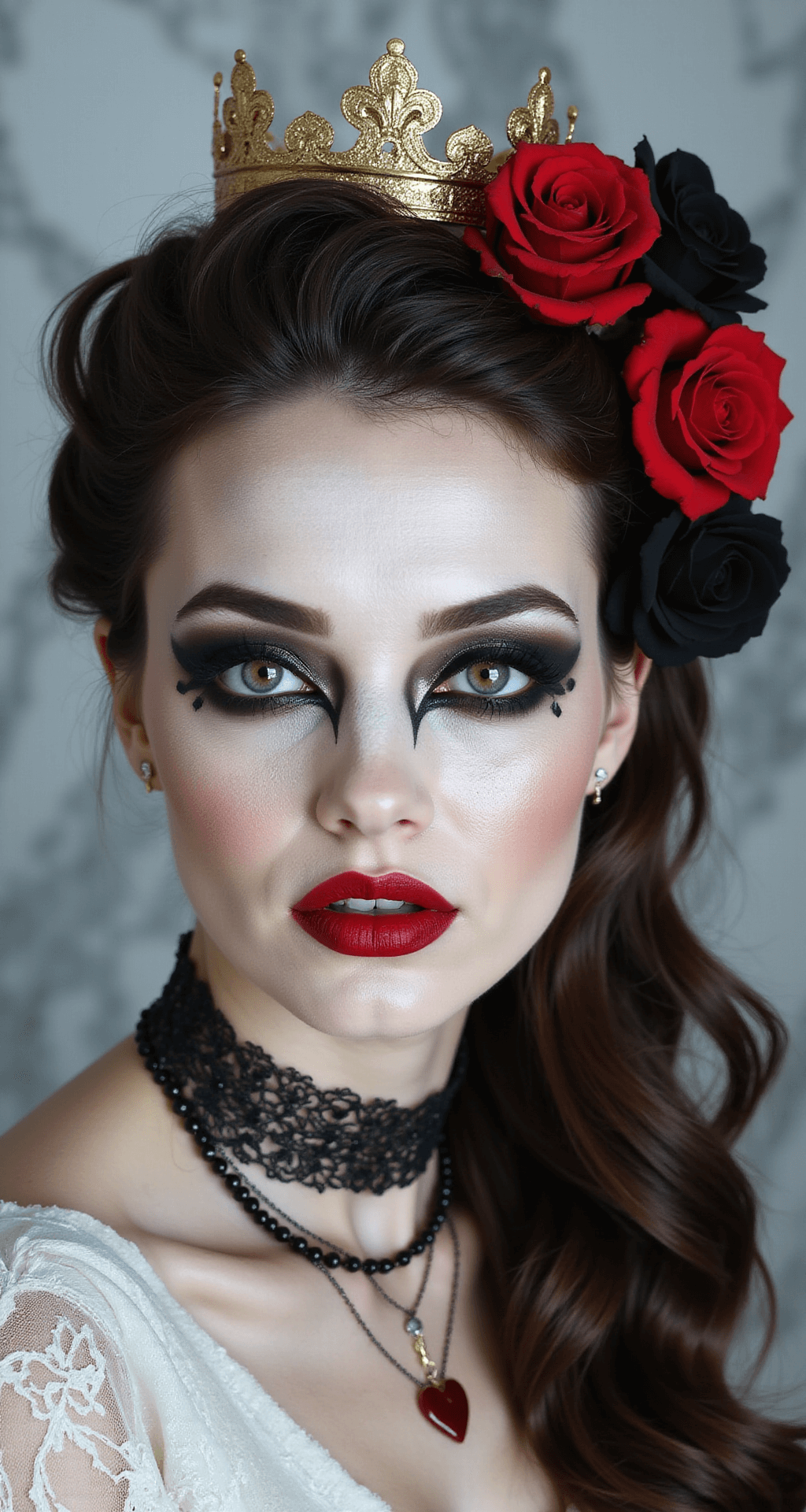 Close-up of a model in a makeup studio showcasing Queen of Hearts inspired makeup, featuring a porcelain complexion, dramatic black winged eyeliner, and heart-shaped red lips, with a crown and black-and-red rose-updo, illuminated by diffused beauty lighting.