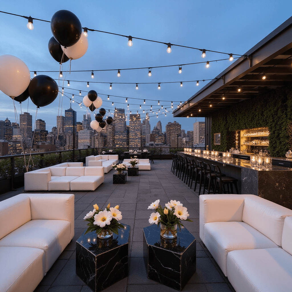 A panoramic view of a modern rooftop cocktail setup at dusk, featuring clusters of black and white floating balloons, a Manhattan skyline backdrop, white leather lounge furniture, black marble cocktail tables with geometric vases of white calla lilies and dark foliage, criss-crossed string lights overhead, and mirror-topped bars adorned with dramatic black floral installations.