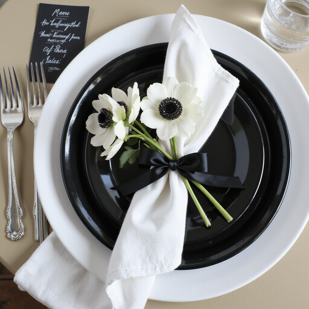 Overhead flat lay of an elegant dining setup featuring black stoneware plates on a white charger, adorned with a white linen napkin and a black satin ribbon. A handwritten menu on heavyweight black paper with white ink is positioned nearby, alongside fresh white anemones with black centers and vintage silver cutlery, all illuminated by natural light.