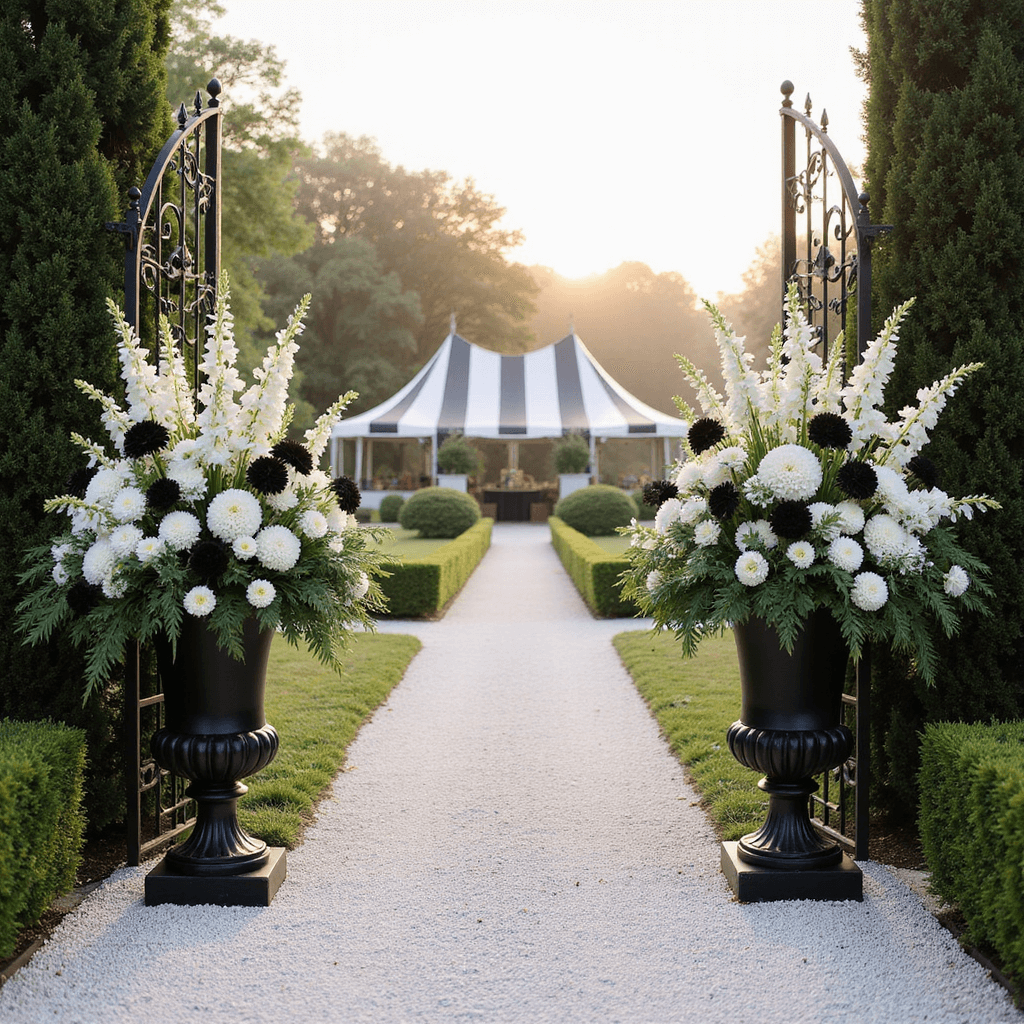A cinematic wide shot of a garden ceremony entrance featuring two tall black urns filled with white delphinium, black dahlias, and cascading amaranthus, set beside vintage iron gates. A white gravel path winds through neatly trimmed hedges towards a distant black and white striped tent, with morning fog creating an ethereal atmosphere and diffusing the golden sunrise light.