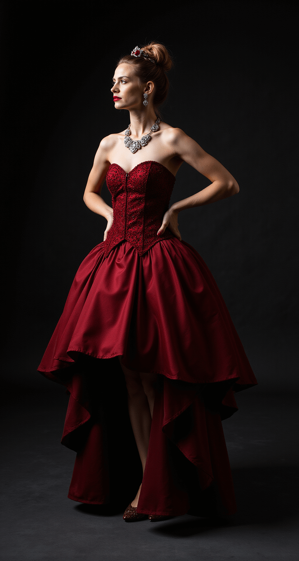 Full-length portrait of the Queen of Hearts ensemble featuring a multilayered petticoat, statement jewelry glimmering in dramatic chiaroscuro lighting, and comfortable regal shoes, set against a dark backdrop.