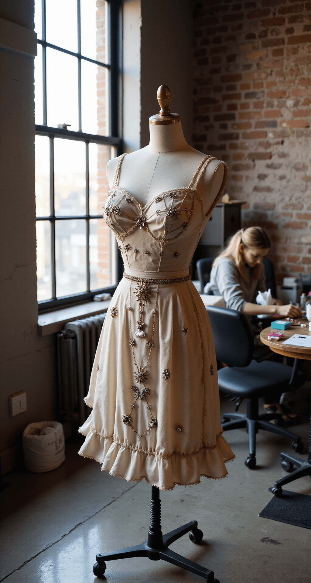 Behind-the-scenes view of a costume preparation area in a bright loft, featuring a dress form adorned with playing card embellishments and a partially customized crown, alongside a well-organized styling station complete with backup supplies and a touch-up kit, all illuminated by soft late afternoon light.