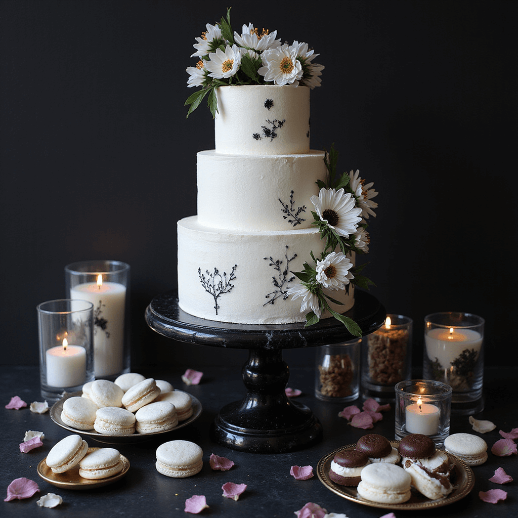 A moody editorial-style dessert display featuring a three-tier white cake with black hand-painted details on a black marble stand, surrounded by white macarons, dark chocolate truffles, and mini pavlovas, with fresh black and white anemones cascading down the cake, along with mercury glass votives and scattered rose petals for romantic ambient lighting.