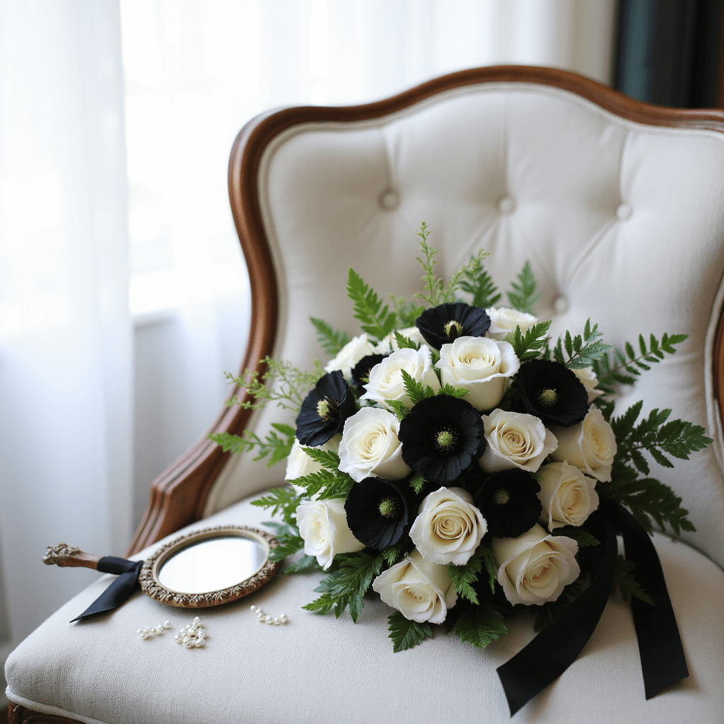 A structured bridal bouquet featuring white garden roses, black calla lilies, and anemones on a white velvet chair, surrounded by black silk ribbons, a vintage hand mirror, pearl hairpins, and an embroidered veil, all softly illuminated through sheer drapery in morning light.