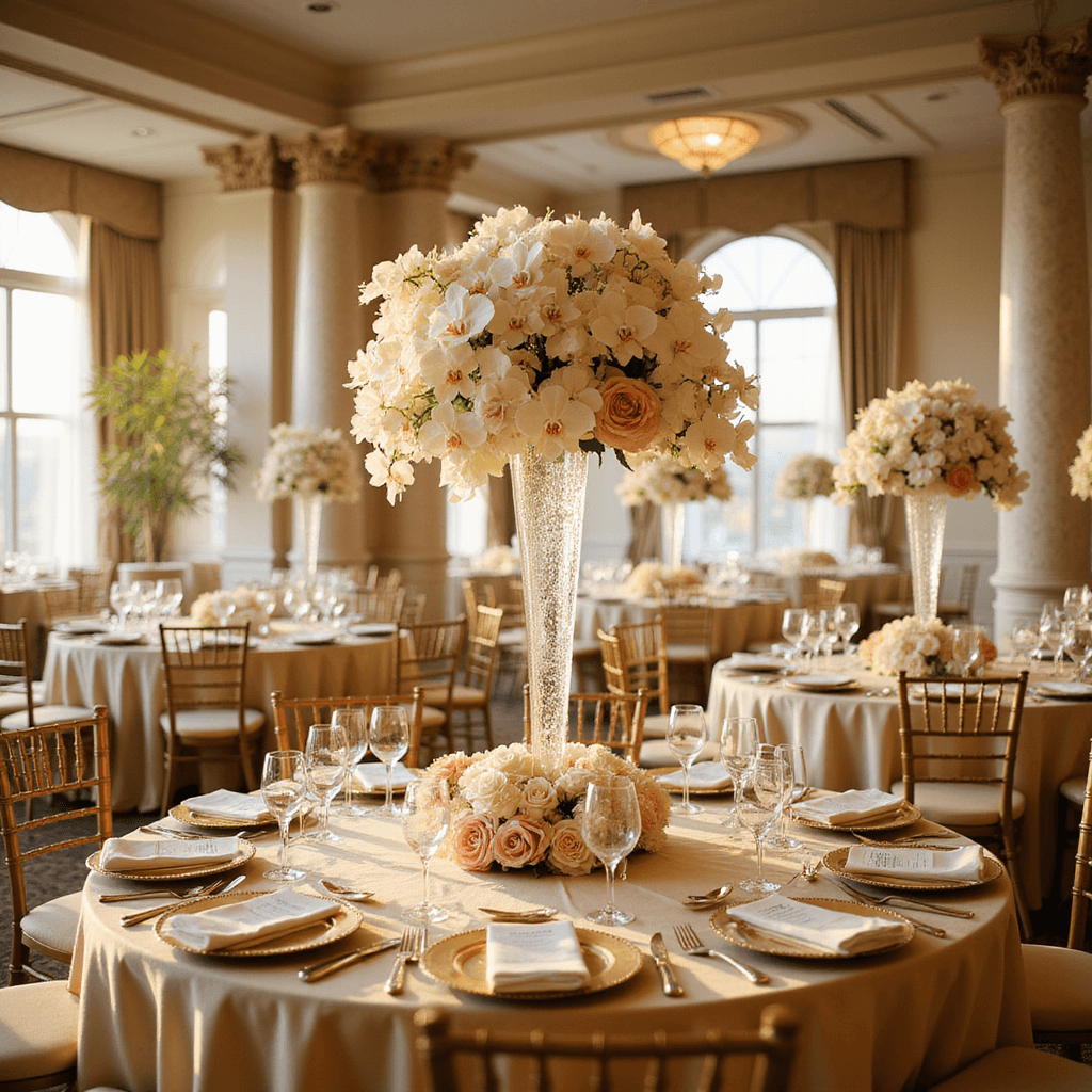 Luxurious wedding reception in a grand ballroom during golden hour, featuring tall crystal centerpieces with white orchids and blush roses, round tables with champagne silk linens and gold-rimmed chargers, soft uplighting, and sheer ivory drapes framing large windows, captured from an elevated angle.