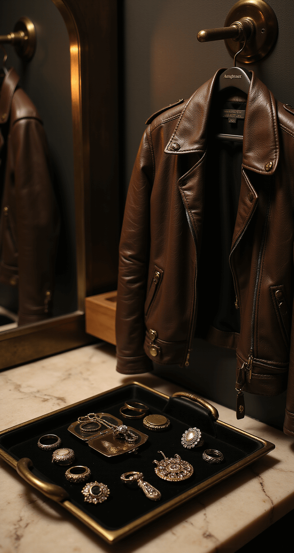 Dimly lit boutique dressing room featuring a leather jacket hanging on an elegant hook, with ornate rings, Victorian-style bracelets, and a vintage locket on a black velvet tray below; warm spotlight highlights the jacket's texture against marble floors and brass fixtures.