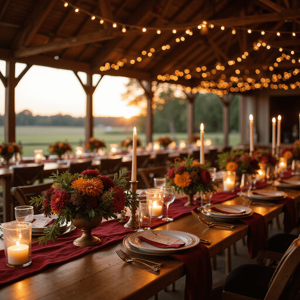 An intimate autumn wedding reception in a rustic barn at sunset, featuring farm tables dressed with burgundy velvet runners, low floral arrangements of dahlias and garden roses in jewel tones, vintage brass candlesticks with taper candles, and fairy lights in exposed wooden beams, all captured from table level to emphasize the warm ambient lighting and textures.