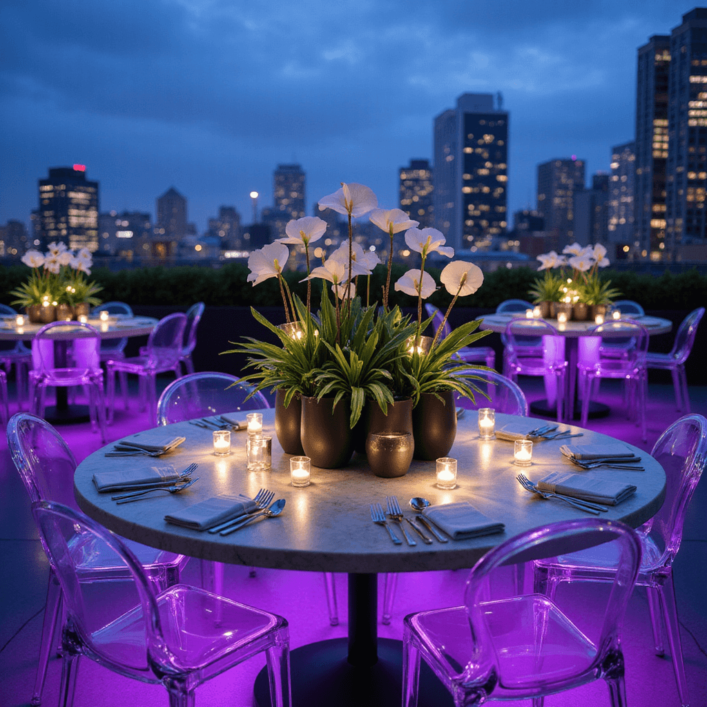 A modern rooftop wedding reception at blue hour featuring sleek acrylic ghost chairs around marble tables adorned with white anthuriums and tropical foliage in matte black vessels, illuminated by cool purple LED lights with a twinkling city skyline in the background.