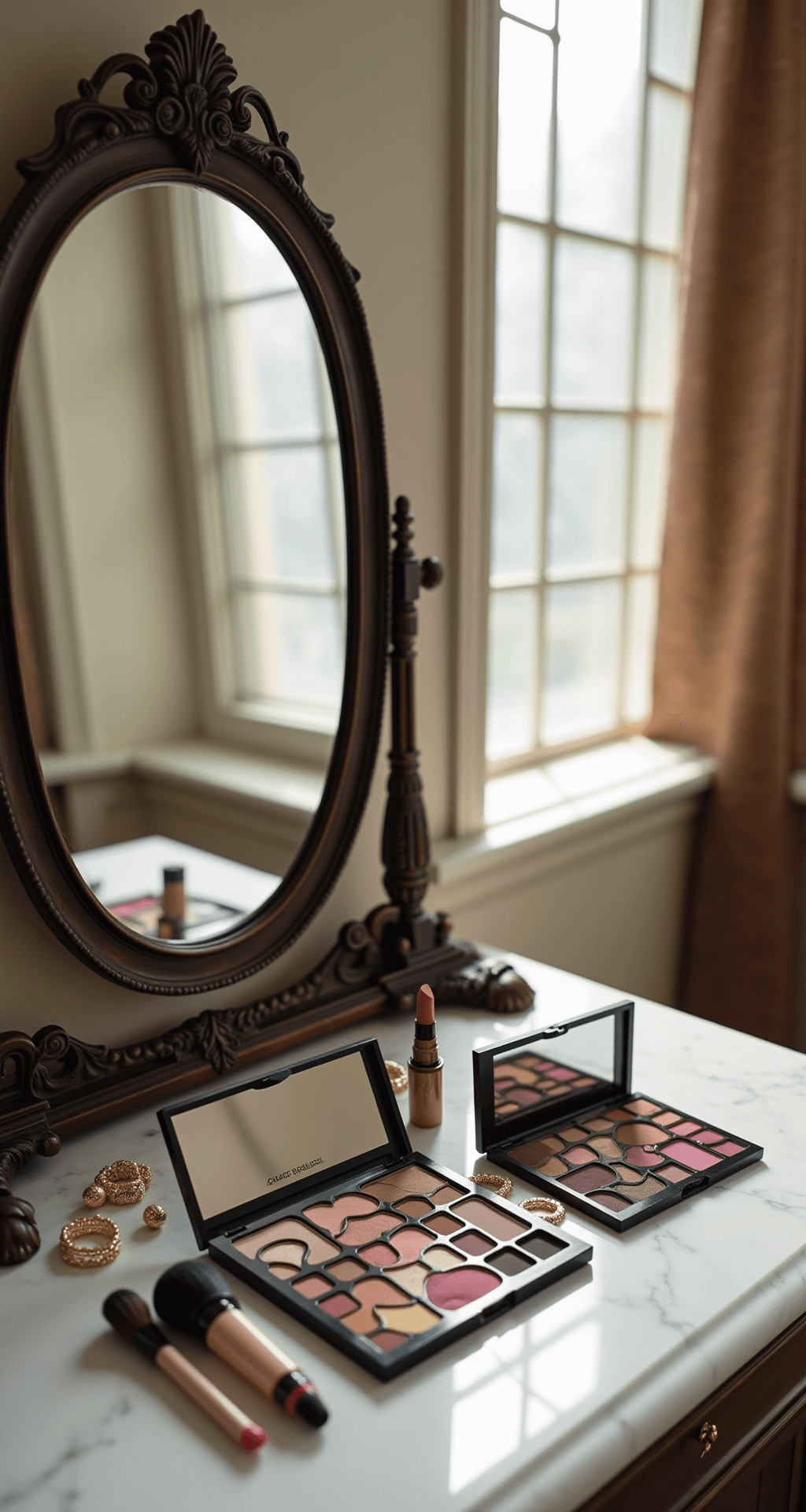Intimate luxury bathroom vanity featuring a flat lay of smokey eye palette, nude lipsticks, and makeup brushes on a marble counter, with vintage mirror reflecting curated jewelry, all bathed in soft morning light through frosted windows.
