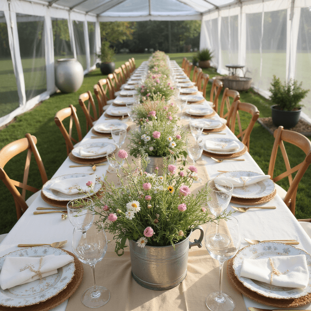 A whimsical garden party reception under a clear tent, featuring long tables adorned with pastel floral arrangements in mercury glass containers, mismatched vintage china, and crystal, captured from overhead in soft morning light.