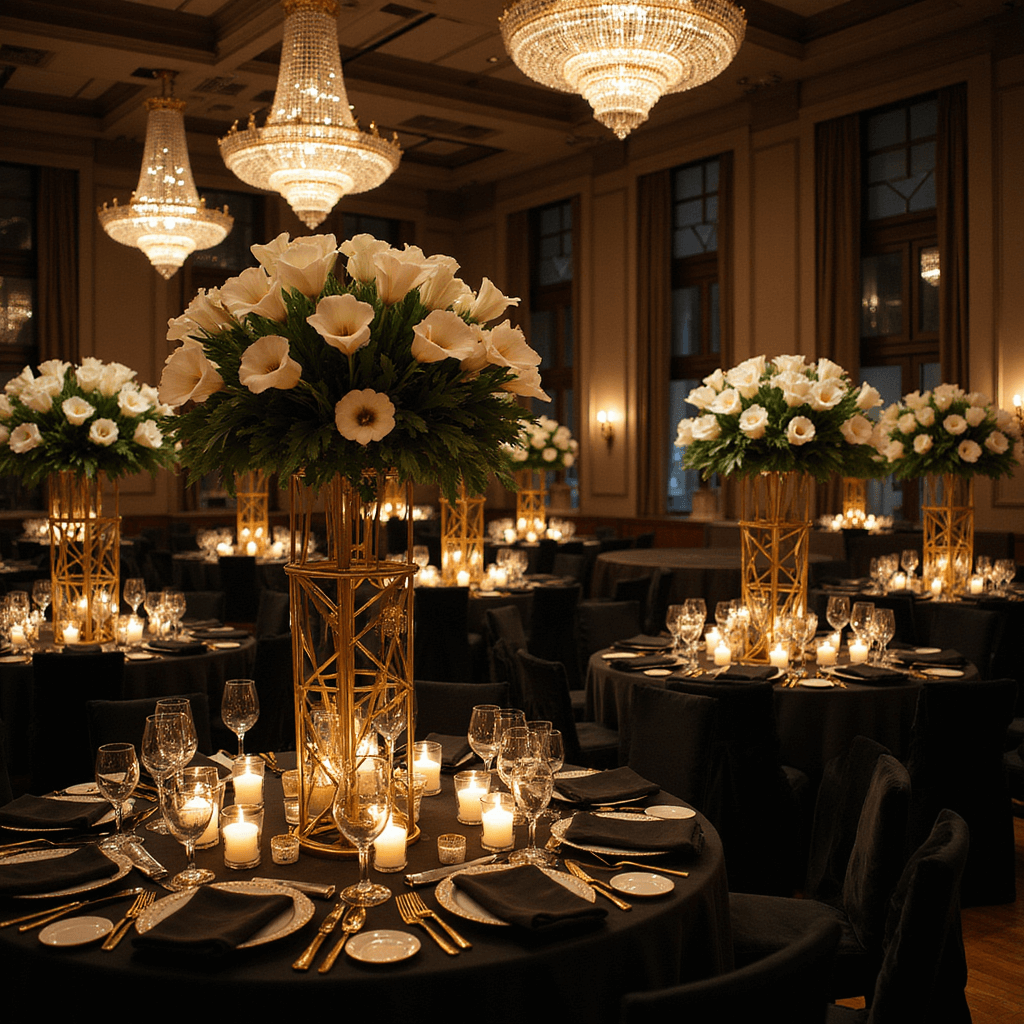 A low-angle view of a glamorous evening reception in an art deco venue, featuring round tables with black velvet linens, tall gold geometric stands with white calla lilies and dark foliage, illuminated by candlelight, crystal chandeliers, and dramatic shadows.
