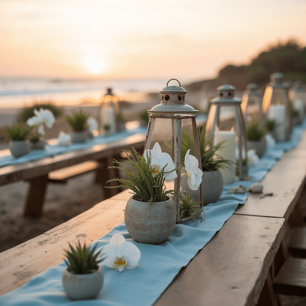 A coastal celebration at sunset featuring long natural wood tables with pale blue runners adorned with white dendrobium orchids, air plants, and sea glass in weathered ceramic vessels, accented by shells and hurricane lanterns, set against the ocean horizon in soft golden light.