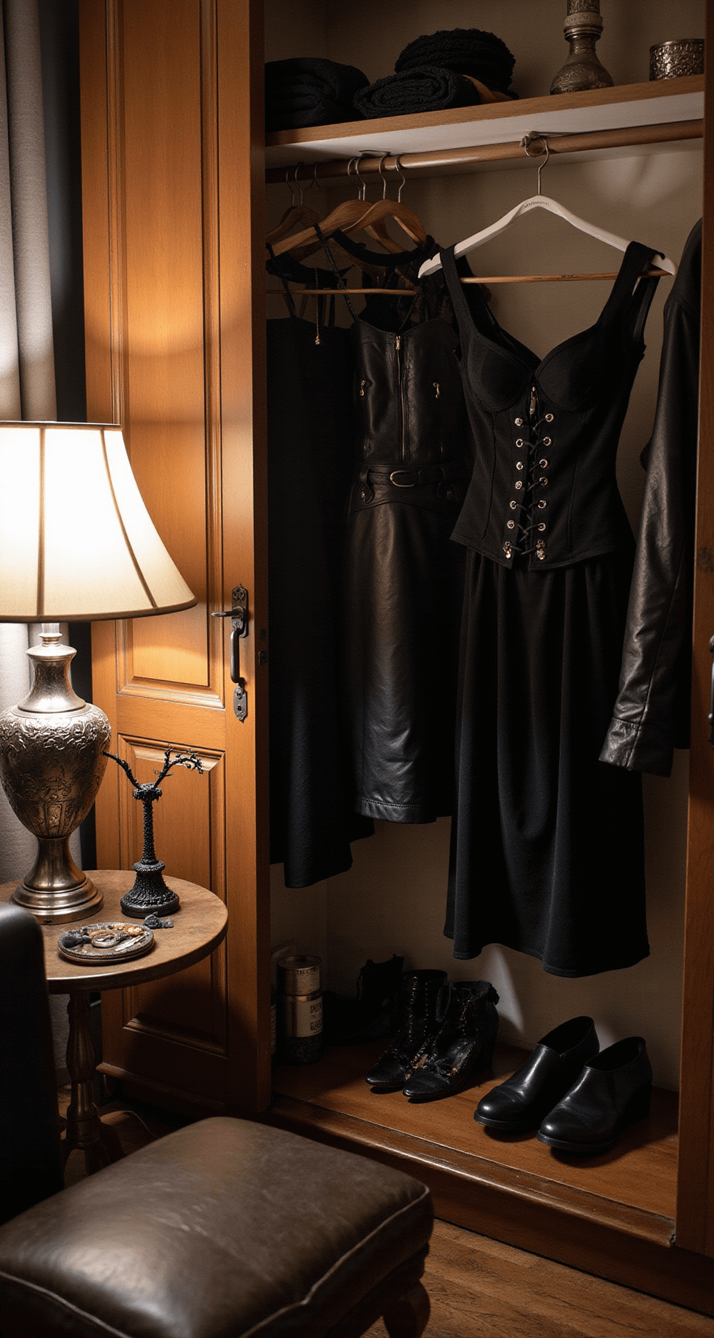 A cozy twilight bedroom corner featuring an open closet with black corset tops, leather jackets, and fitted skirts on elegant hangers, alongside vintage-inspired jewelry stands. Soft lamp lighting enhances the intimate atmosphere, highlighting the textures of the clothing and accessories.