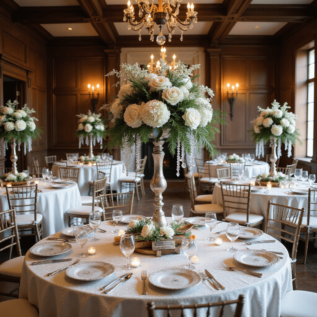 An opulent winter wedding reception in a historic mansion library, featuring round tables with pearl-white sequined linens, tall silver candelabras adorned with crystal garlands, and elegantly arranged white hydrangeas, roses, and snow-dusted pine, all framed by doorway archways that enhance the grandeur and intimate lighting of the scene.