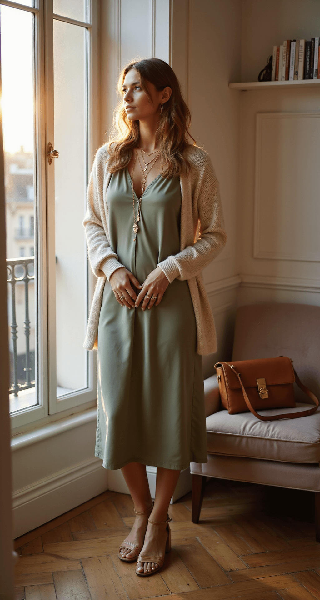 A fashion blogger in a sage green silk midi dress and cream cashmere cardigan stands by floor-to-ceiling windows, bathed in warm golden hour light. The scene captures delicate gold jewelry, a cognac brown leather crossbody bag, and a stylishly arranged Parisian-style apartment with herringbone hardwood floors and white walls.