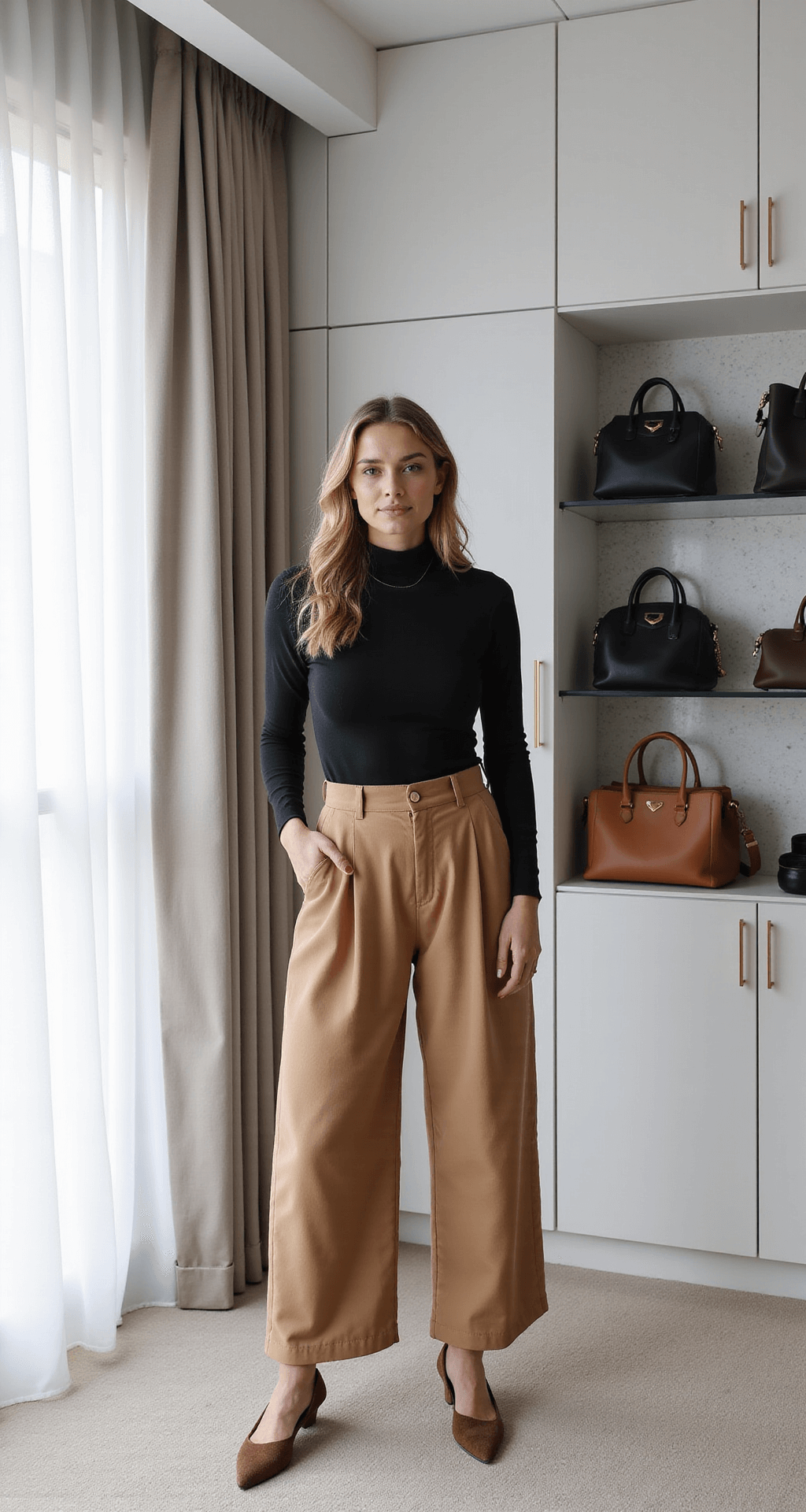 A modern minimalist dressing room featuring built-in matte white wardrobes, illuminated by early morning light through sheer curtains. A fashion influencer styles her outfit, showcasing high-waisted camel trousers, a fitted black turtleneck, and pointed suede mules. A designer handbag collection is displayed on glass shelves, with metal and marble accents visible throughout, captured from above to emphasize the geometric lines and arrangement.