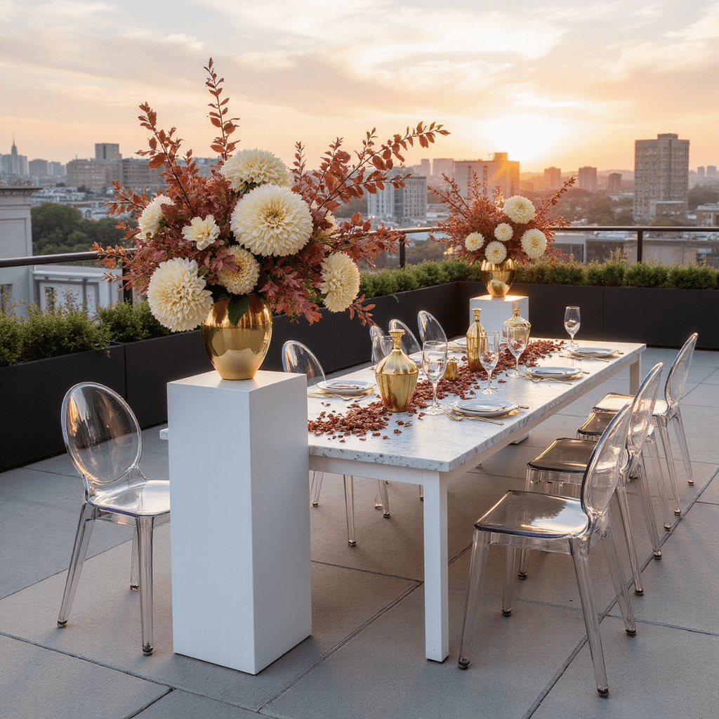 A modern rooftop venue featuring minimalist autumn decor, with white pedestals displaying cream chrysanthemums and orchids alongside copper-toned foliage. Ghost chairs and marble tables adorned with geometric gold vessels and scattered burgundy petals, all captured during sunset with city views and warm light illuminating metallic accents.