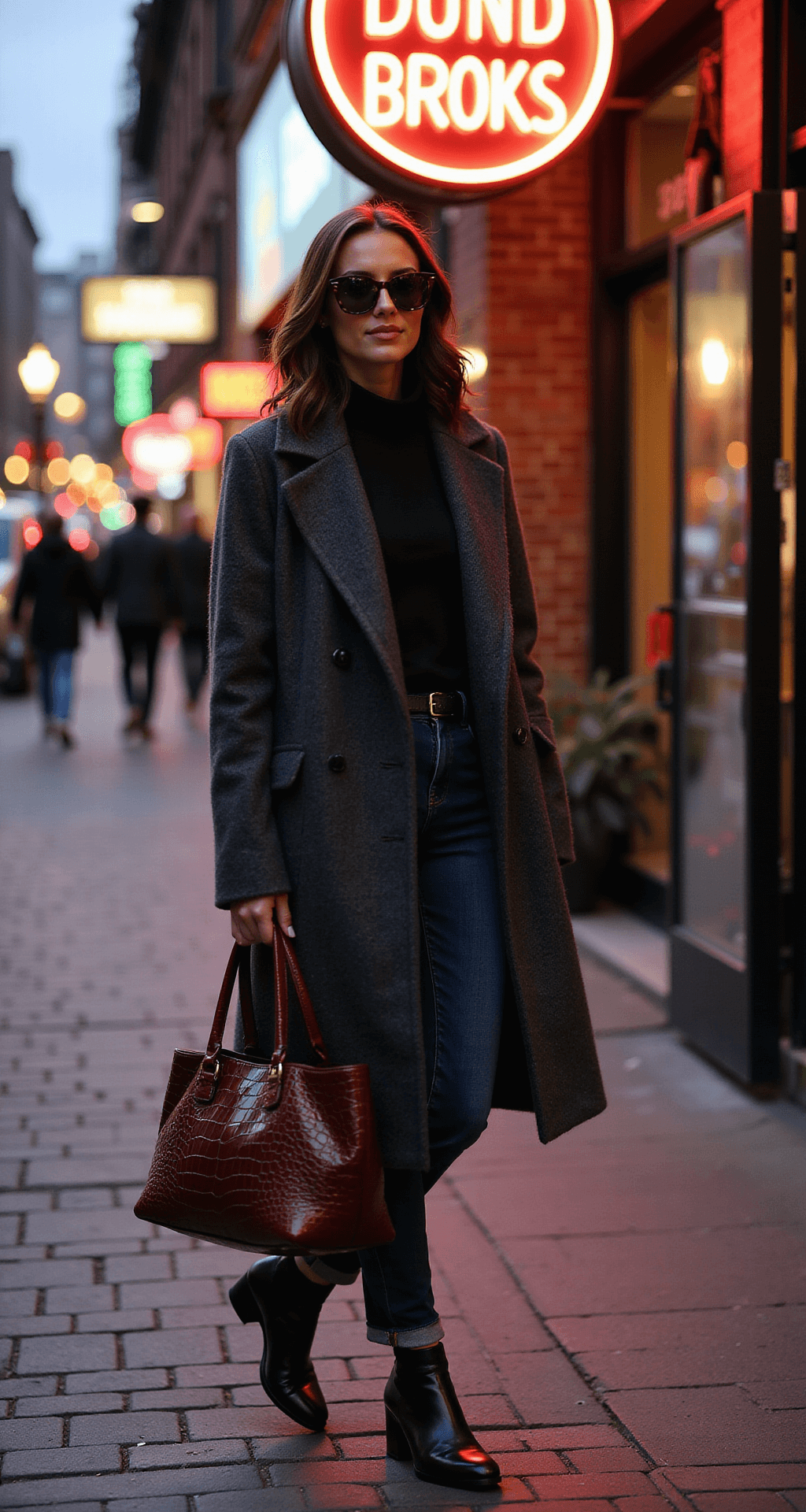 A model strides through a twilight SoHo street, wearing an oversized charcoal wool coat, dark wash straight-leg jeans, and black leather chelsea boots. She carries a burgundy croc-embossed tote and sports oversized tortoiseshell sunglasses, with neon signs and vintage storefronts bokeh in the background, illuminated by dramatic street lamp lighting.