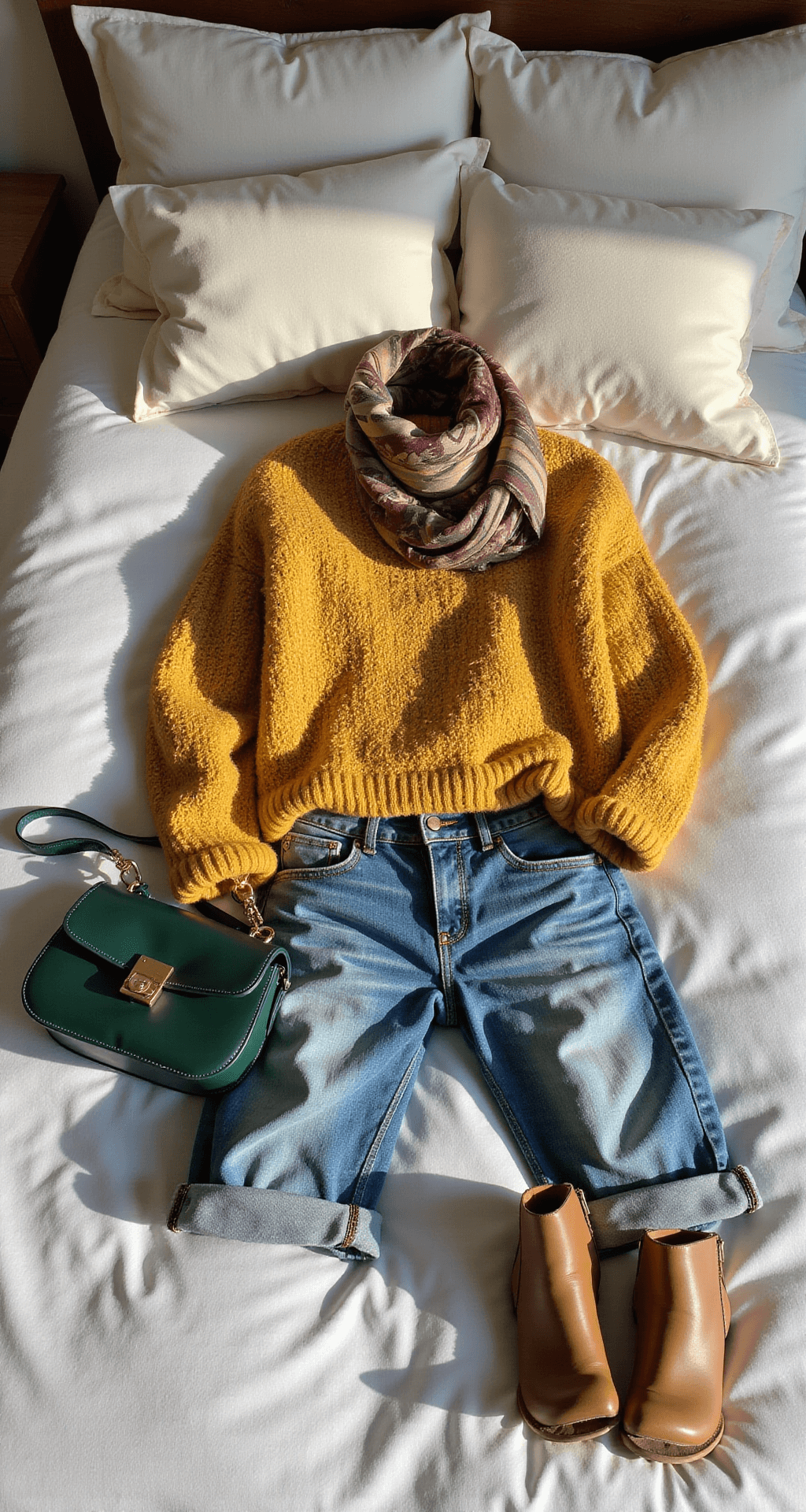 A bright contemporary bedroom with neutral linen bedding showcasing a mustard yellow chunky knit sweater, raw hem boyfriend jeans, and tan leather ankle boots, accented by a vintage silk scarf, gold-tone watch, and forest green structured shoulder bag, highlighting natural materials and light play.