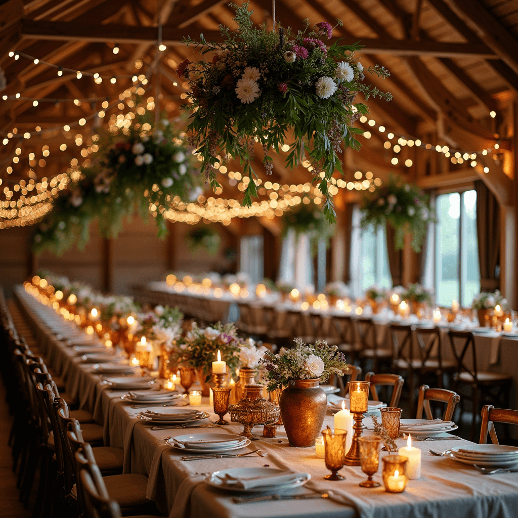 Rustic barn reception featuring wooden beams with fairy lights, floral clouds of mauve dahlias and white stock flowers, long harvest tables with stone-washed linen runners, vintage copper floral arrangements, and warm candlelight illuminating stoneware and amber glass goblets, captured from an elevated angle.