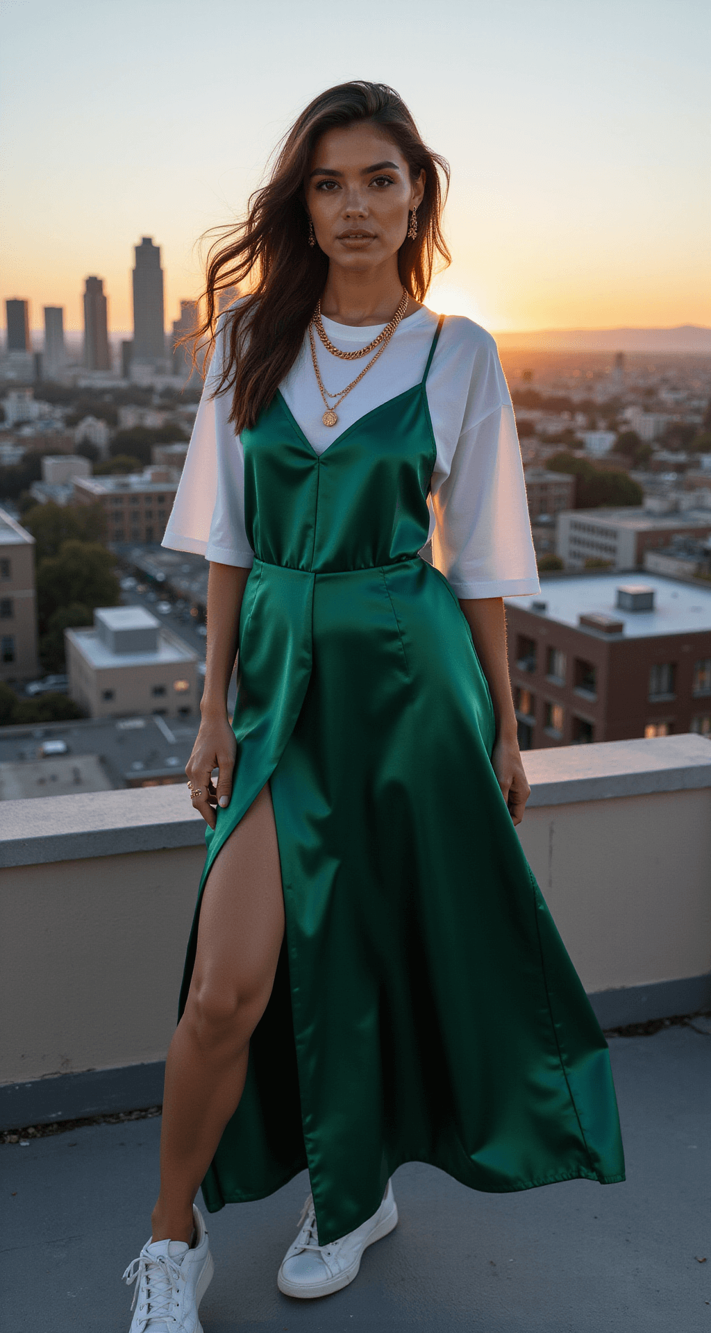 A rooftop fashion editorial at magic hour in downtown LA featuring a model in an emerald green satin slip dress layered over a white t-shirt and white sneakers. Gold layered necklaces glint in the fading sunlight, while the wind gently moves the fabric, adding dynamic movement. An aerial view showcases the city lights starting to twinkle below.