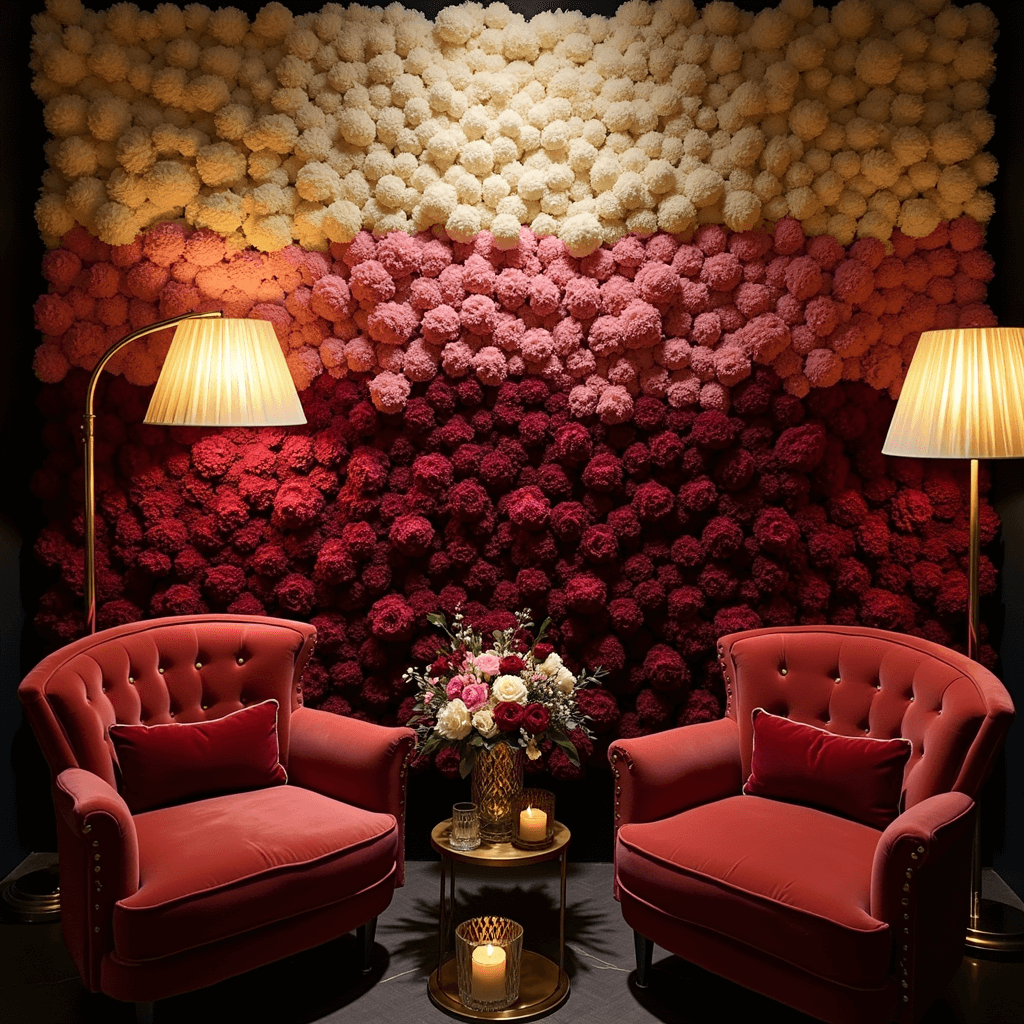 Cozy indoor cocktail lounge scene with a dramatic ombré chrysanthemum flower wall, jewel-toned velvet loungers, brass side tables adorned with scabiosa and lisianthus in crystal vessels, and moody lighting from vintage floor lamps and votives.