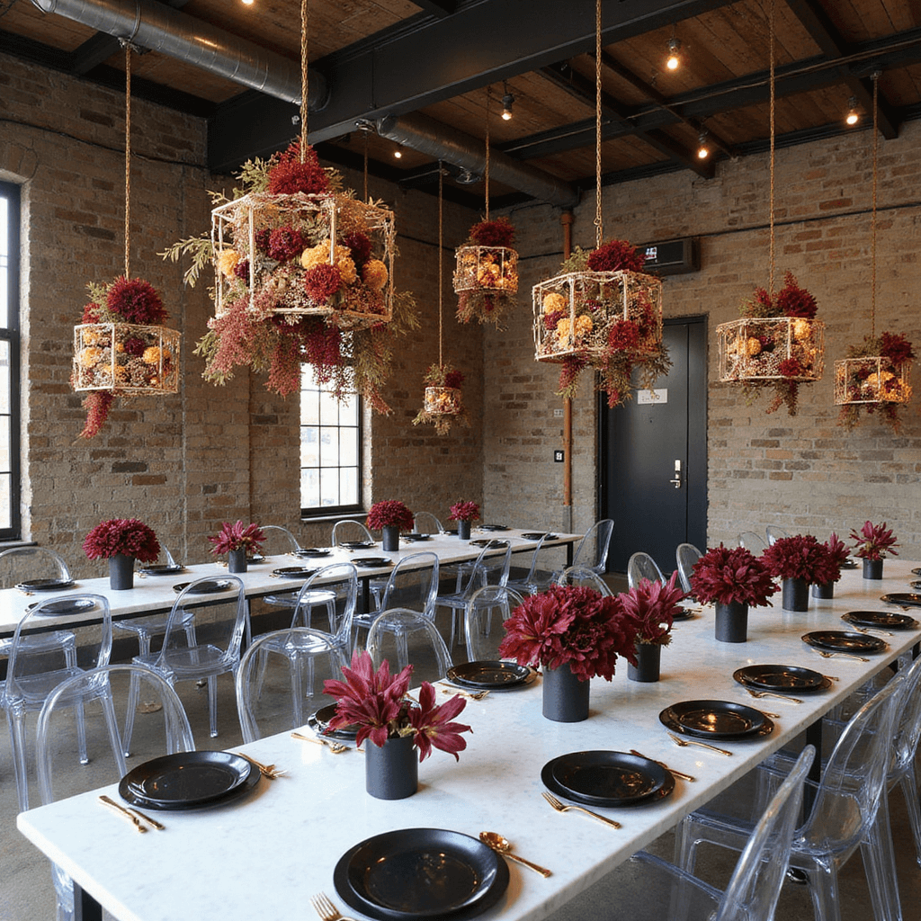 A spacious contemporary loft with an industrial-elegant aesthetic, showcasing geometric floral installations with dried flowers and fresh amaranthus in autumn hues. Ghost chairs surround marble tables set with matte black chargers and gold flatware, while arrangements of burgundy dahlias and orchids are displayed in sleek black vessels. The wide shot emphasizes high ceilings and dramatic floral elements.