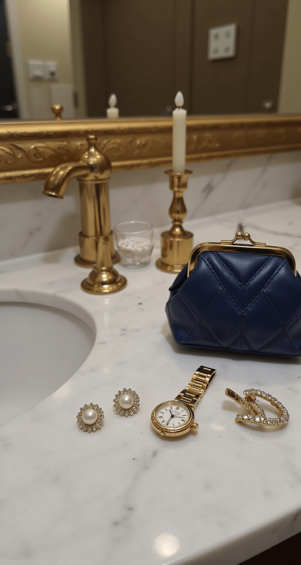 Close-up view of elegant accessories on a marble bathroom counter, featuring pearl earrings, a vintage Cartier watch, crystal hair clips, and a midnight blue quilted evening bag, all softly illuminated by vanity lighting that highlights gold fixtures and mirror details.