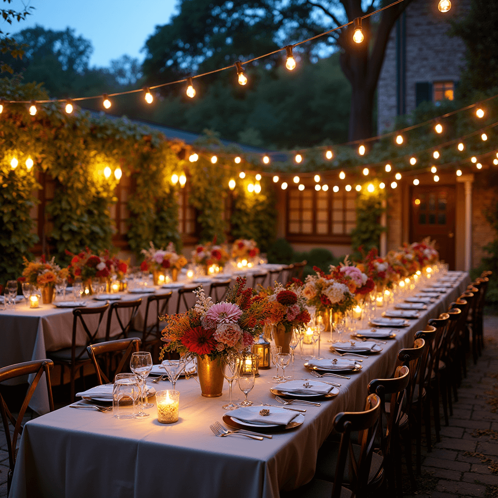 A twilight courtyard garden enclosed by stone walls, adorned with autumn vines, features long tables under string lights, styled with textured linens and layered floral arrangements of chrysanthemums, dahlias, and seasonal foliage in antique brass vases, creating a romantic atmosphere during blue hour.